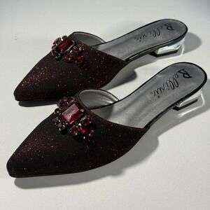 Bellini Fierce Pointed Toe Jewel‎ Embellished Glitter Mule Flats Black Red 8W